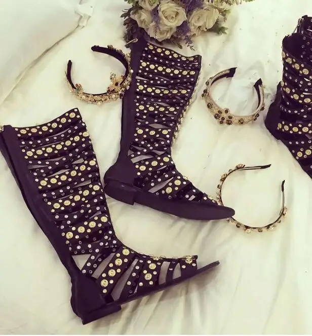 

Женские сапоги до колена Abesire на низком квадратном каблуке, с молнией сзади и заклепками, женские Босоножки с открытым носком, сапоги, повсед...