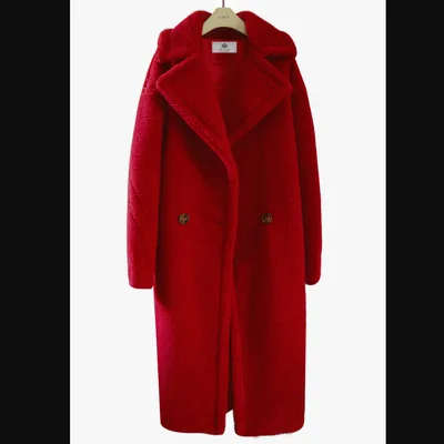 red new Fashion Faux Fur Long Coat Women Lamb Fur Coats Autumn Winter Women's Clothing Warm Parkas Outerwear N844 - Цвет: red