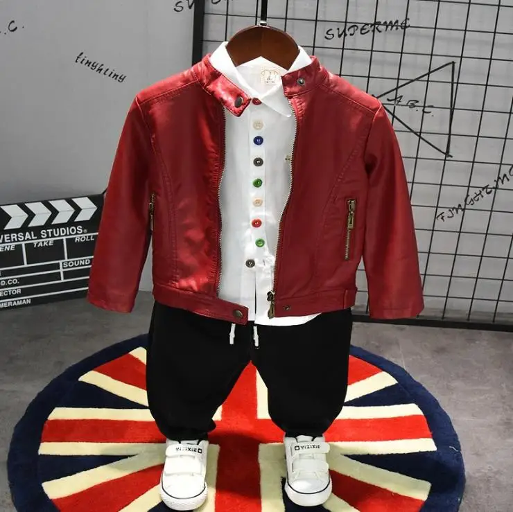 

Spring and Autumn New Boys Set Children's Fashion Leather + Pants Two-piece Infant Trend Set 2-6 Years
