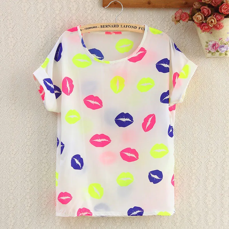 

INDJXND Fashion Hot Sale Summer Blouses Style Chiffon Women Girls O-Neck Loose Blusas Print Short Sleeve Breathable Large Size