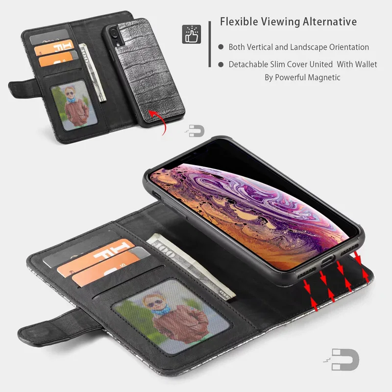 Для Apple iPhone XR XS Max кожаный чехол Магнитный кошелек крокодиловая кожа Аллигатор съемный чехол для Apple iPhone XR флип-чехол