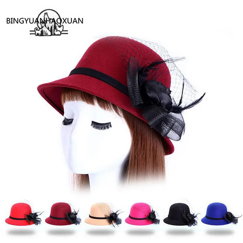 

BINGYUANHAOXUAN 6 Colors Spring Winter Fashion Vintage Fedoras Hats For Women Sun Cap Floppy Bowler Female Lady Popular