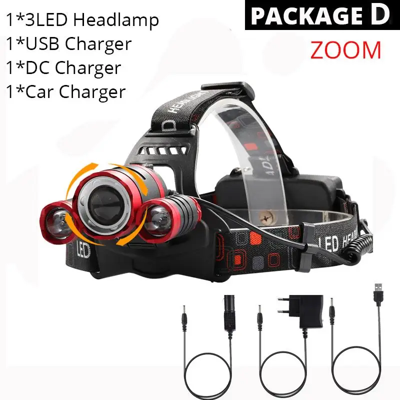 Package D 6000лм XM-T6x3 светодиодный фонарик с зумом, 5 светодиодный фонарь для кемпинга, рыбалки, налобный фонарь, 2*18650 батареи/AC/Car/Usb/зарядка - Испускаемый цвет: Package D