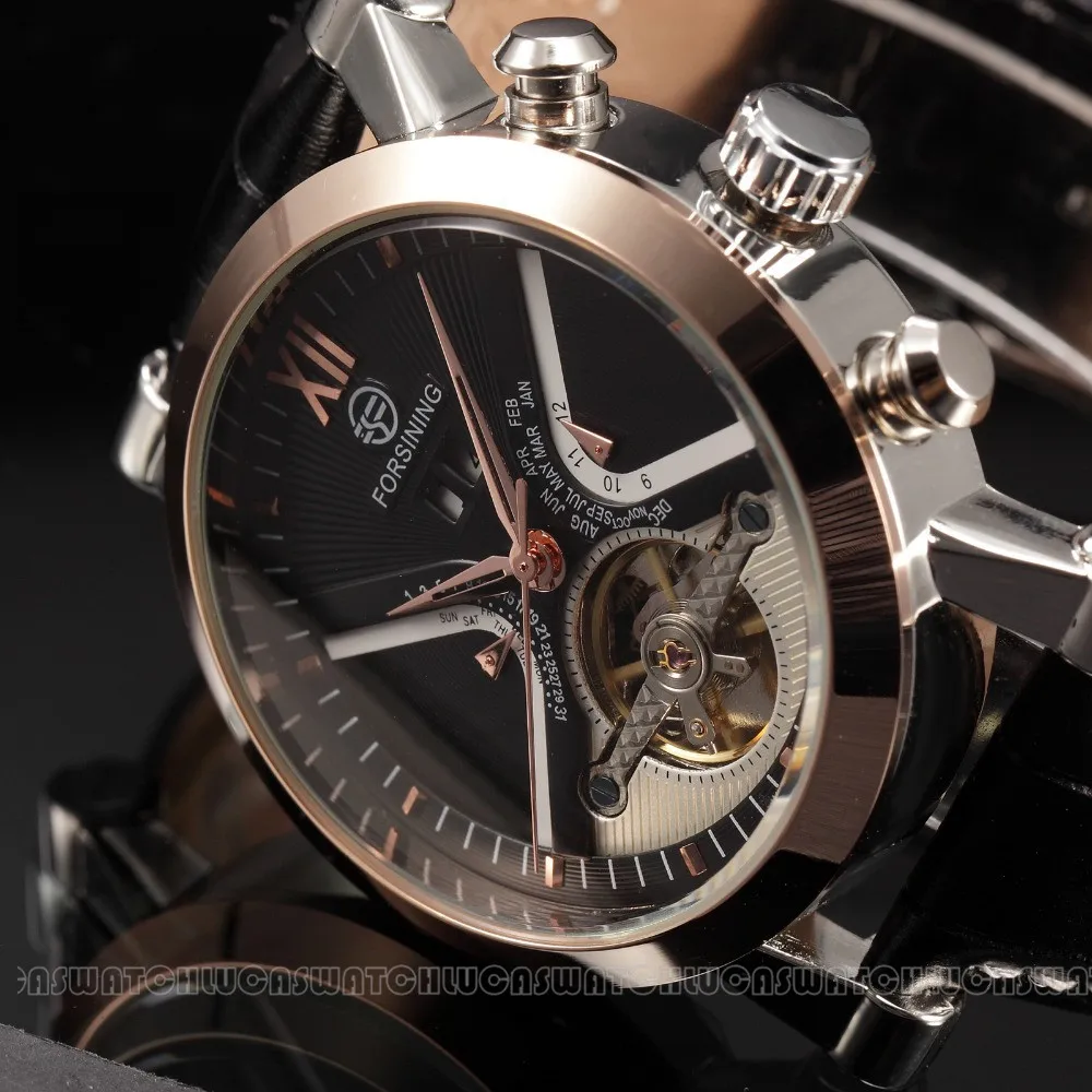 Forsining Tourbillon Мужские часы с автоматической обмоткой кожаный ремешок