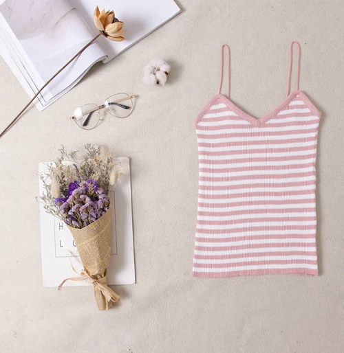 Pink Stripe Модные женские летние майки, топы без рукавов, хлопковые бюстье, без подкладки, Бюстгальтер-бандо, майка, укороченный топ, бесшовный бюстгальтер без косточек - Цвет: Pink Stripe