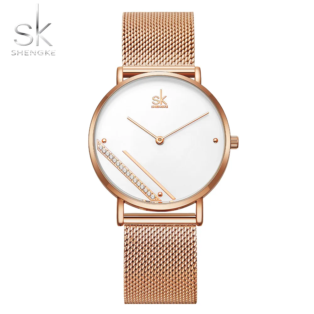 Shengke Rosegold Роскошные сетчатые женские часы с кристальным циферблатом Reloj Mujer