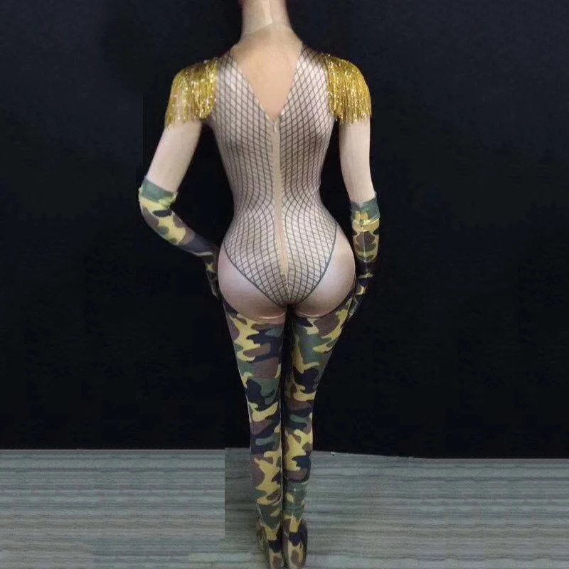 Female Model Rings Acrobatics Singer Camouflage Printed Long Jumpsuit Women GoGo Dance Stage One-piece Costumes DJ352 | Тематическая