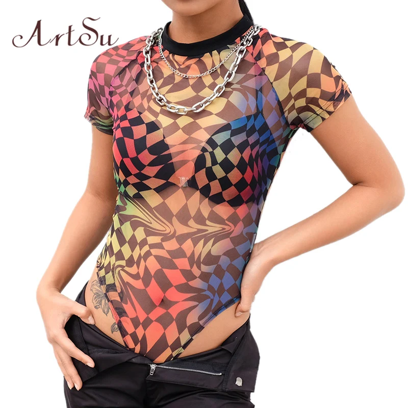 ArtSu Women Sexy Bodysuit Streetwear Colorful Plaid See-Through Chiffon Bodycon Female Catsuit Body Romper Bodysuits ASJU41091 | Женская