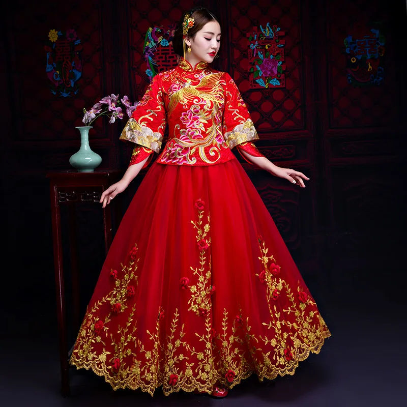 Фото Красное свадебное платье-Ципао в китайском стиле для невесты традиционное