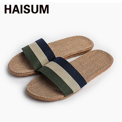 Blue green beige Haisum/мужские летние льняные домашние сандалии на плоской нескользящей подошве с полосками; коллекция года; zapatos hombre Pantufas; H-8821 - Цвет: Blue green beige
