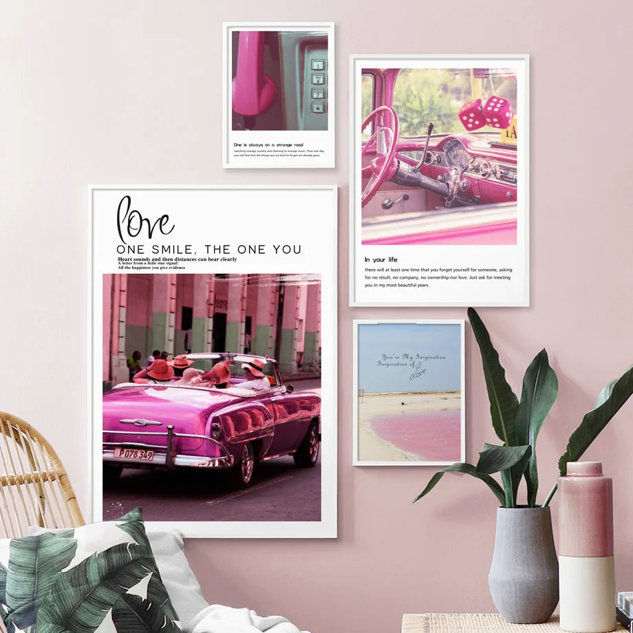 Pink Car Phone Lock Beach Landscape Wall Art Canvas Painting Nordic Posters And Prints Pictures For Living Room Girl Decor | Дом и сад