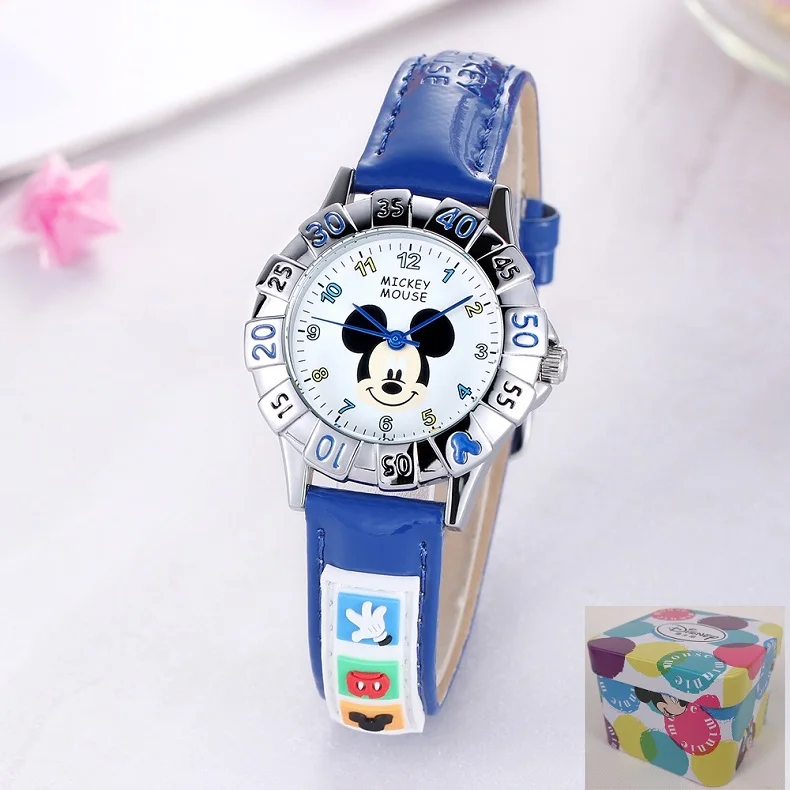 Disney официальный подлинный мультфильм детские часы Микки Маус Минни модные детские милые кожаные кварцевые часы для девочек и мальчиков Новые elojes - Цвет: Micky-box plus gift