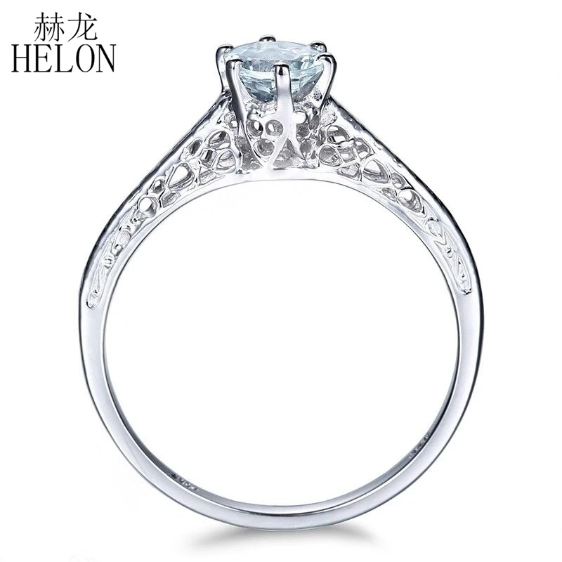 HELON Solid 14K белое золото круглый 4 5 мм Натуральный аквамарин женское кольцо для