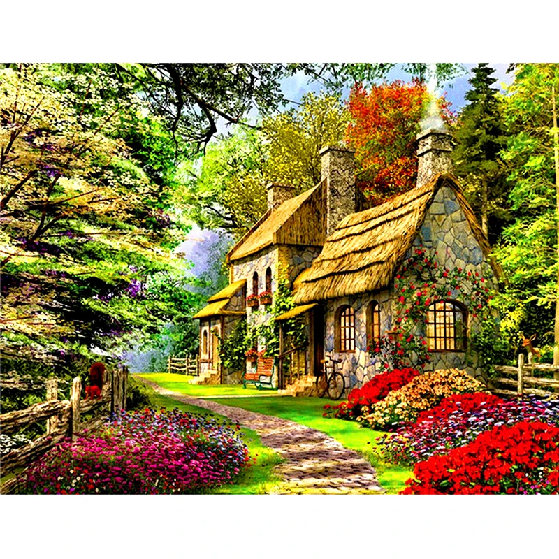 Полностью квадратная круглая дрель 5D DIY Алмазная картина лесной дом landscap 3D