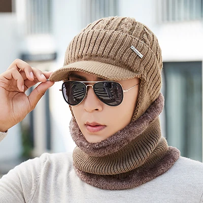 Головные уборы Skullies Beanies Для мужчин шарф вязаная шапка для мужчин больших капор теплая шерсть толстые зимние шапки для мужчин Для женщин Шапка-бини - Цвет: khaki Hat Scarf