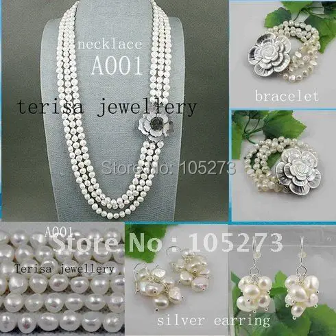 

Classic!Pearl Jewelry set AA 8-9MM White genuine Freshwater Pearl Necklace Bracelet Earring Shell Flower clasp New Free Shipping