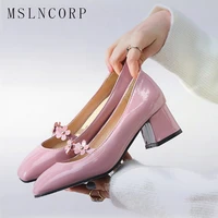 plus size 34 47 fashion sexy patent leather wedding high heel shoes women flower beading square toe thick heel mary jane pumps