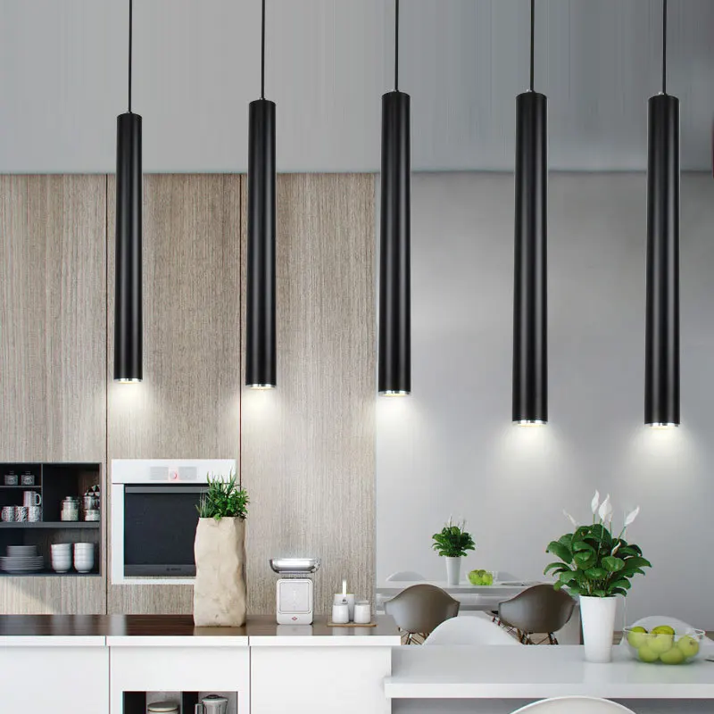 

LED Modern Pendant Lights Long tube Black Pendant Lamp Island Bar Counte Shop Room Kitchen light fixtures Kitchen Lamp