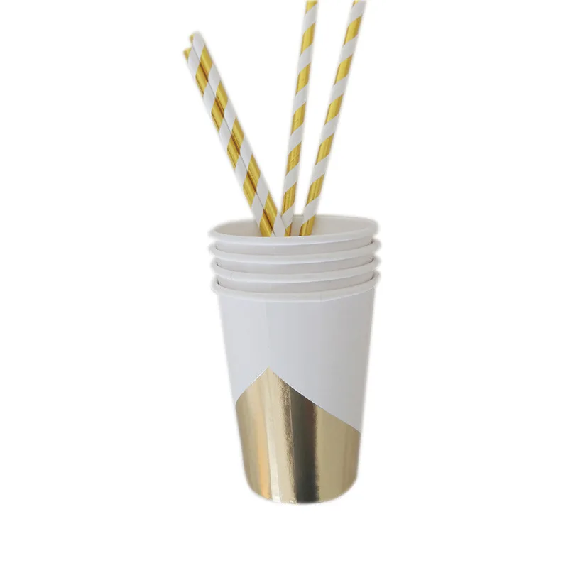 white cups 8pcs Полосы из золотистой фольги точка одноразовые столовые приборы бумажные тарелки для вечеринки чашки, ребенок, душ бумага для питья соломинки свадебные принадлежности - Цвет: white cups 8pcs