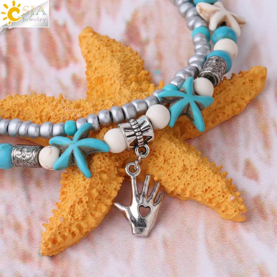 CSJA Trendy Anklets for Girlfriend Double Beaded Starfish Shell Heart Hand Charms Anklet Summer Foot Chain Jewelry Cheville F892 | Украшения