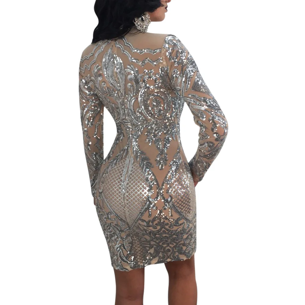 Женское вечернее платье миди с длинным рукавом геометрическим принтом|sexy sequin