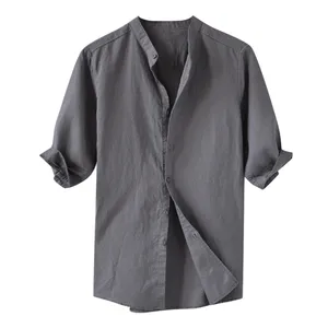 Womail, новинка 2019, модная рубашка высокого качества, летняя Мужская дышащая однотонная хлопковая рубашка с пуговицами и рукавами в пять точек