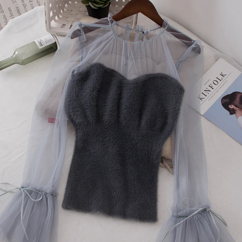 Дамы топы корректирующие 2019 Весна Корейская модная одежда blusas femininas elegante сетки с