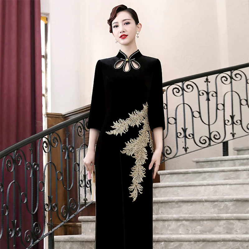 Зима Осень бархат Qipao сексуальный тонкий Сплит Женский Cheonsam Половина рукава Vestidos женский сценический показ китайский стиль платье s-xxl