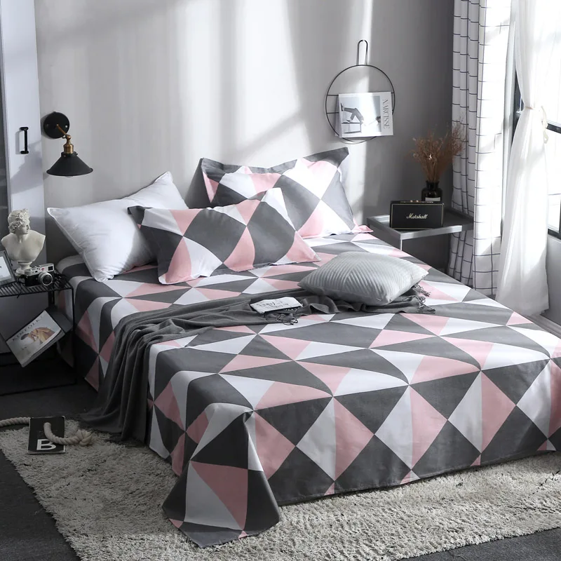 Stylish Rectangle Pattern Cotton Soft Bedding Sheet 3Pcs King Size Bed Set For Queen Sheets Flat With Pillowcase | Дом и сад