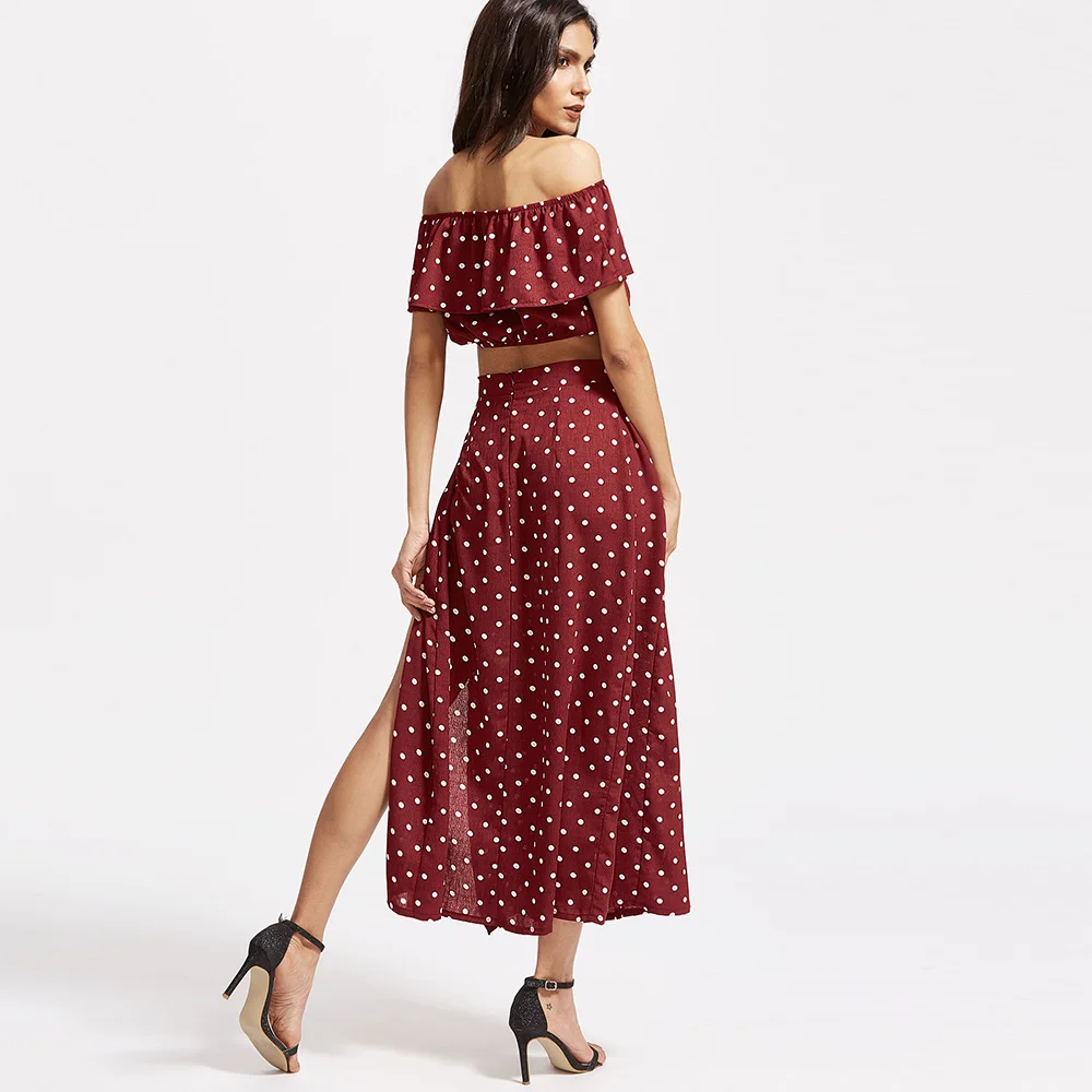 YJSFG HOUSE Elegant Summer Long Maxi Dress Women Two Piece Set Ruffle Slash Neck Crop Tops Vintage Sexy High Split Beach Skirts | Женская