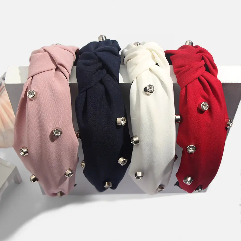 Bohemian Solid Color Soft Velvet Center Knot Wide Pearl Hairband Ladies multiple color Knotted Hairband Hair Accessories