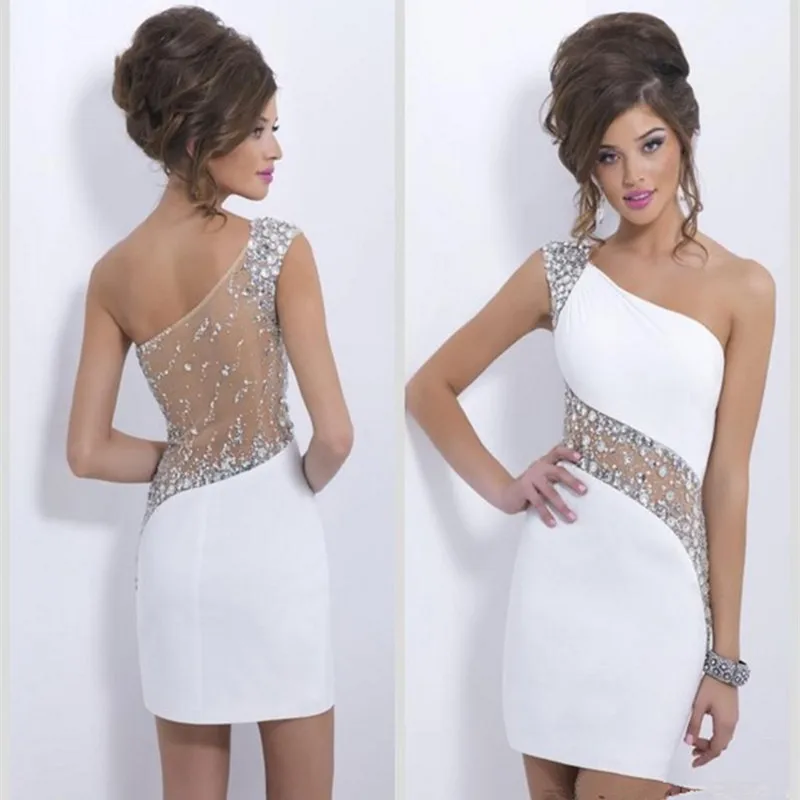 Хит 2016 коктейльное платье со стразами сексуальное на одно плечо с бисером
