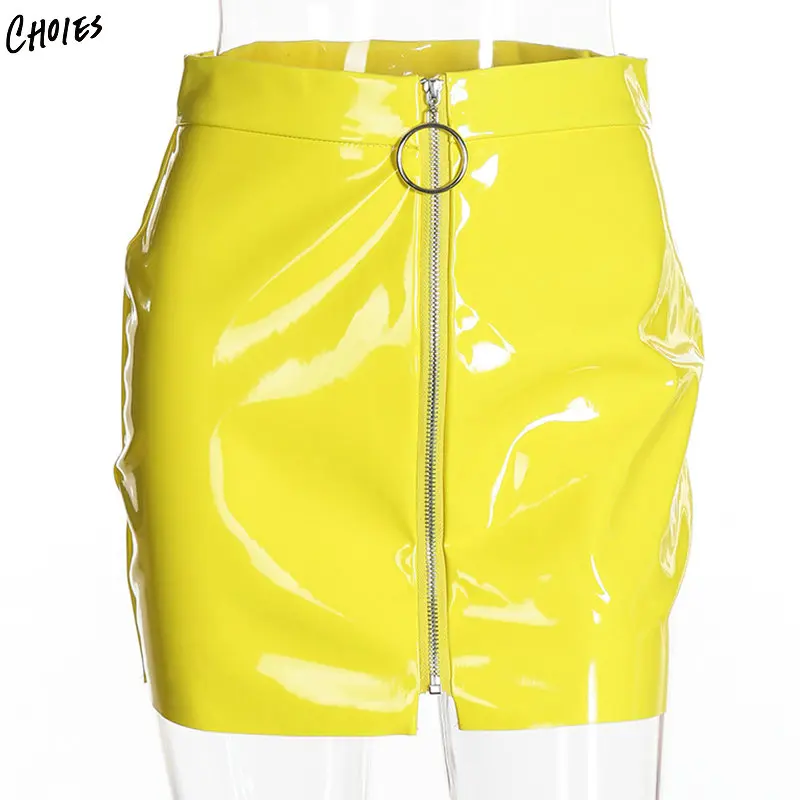 Пять цветов Высокая талия круг молния спереди кожа вид мини Юбка Saia женщины