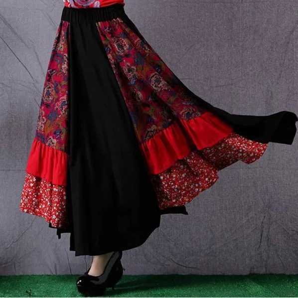 

Женская юбка из льна и хлопка, длинная юбка большого размера, женская одежда с цветочным принтом, длинная юбка в стиле пэчворк с высокой тали...