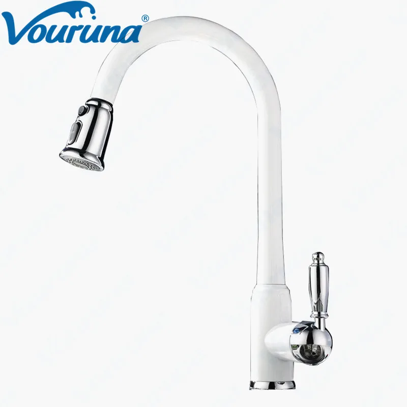 VOURUNA New Design High Quality Solid Brass Single Handle Black Sink Mixer Taps White Pullout Kitchen Faucet | Строительство и