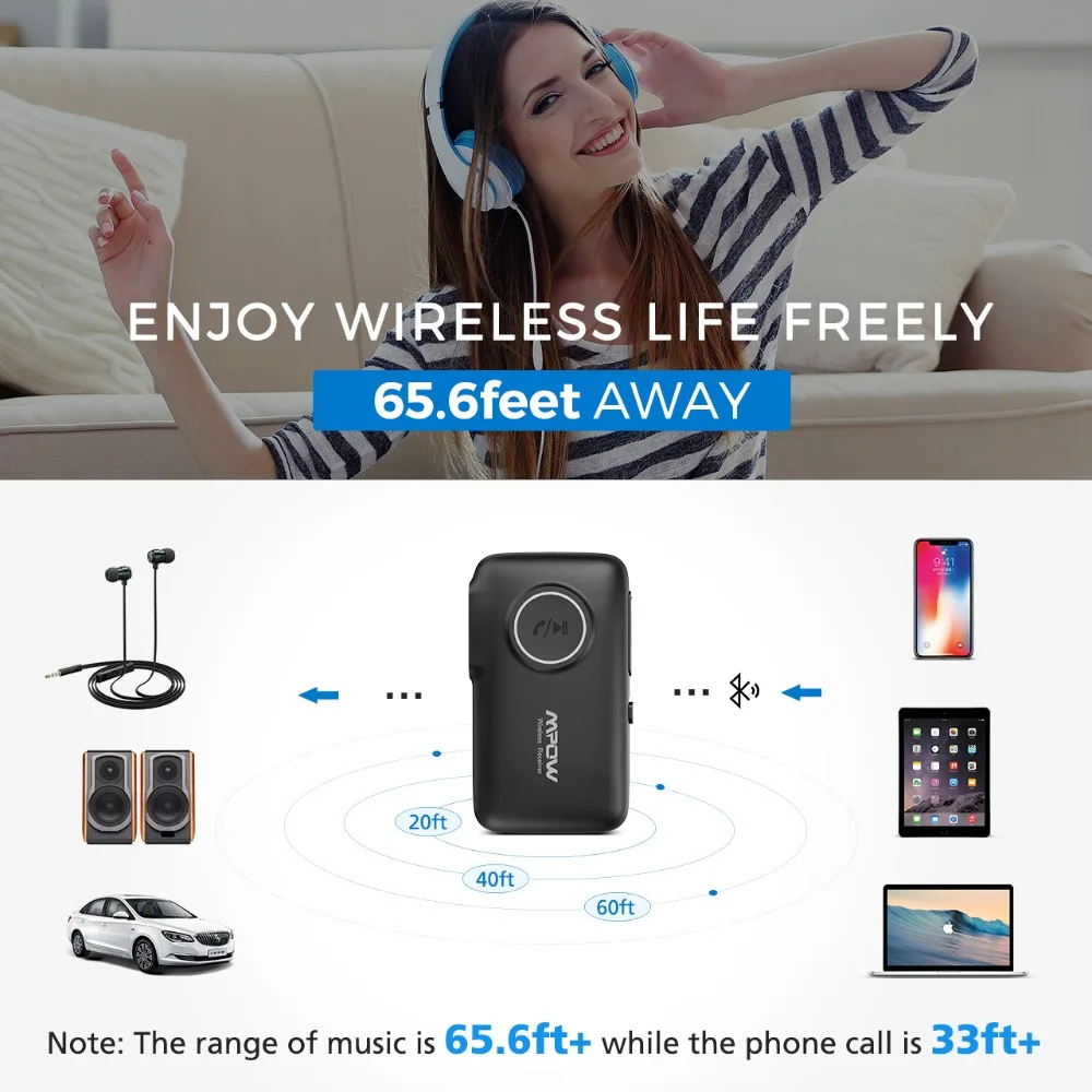 Mpow обновленный V5.0 Bluetooth приемник автомобильный bluetooth-адаптер с 15 ч Время воспроизведения для ТВ наушников динамик Игры Аудио AUX автомобиля BH298
