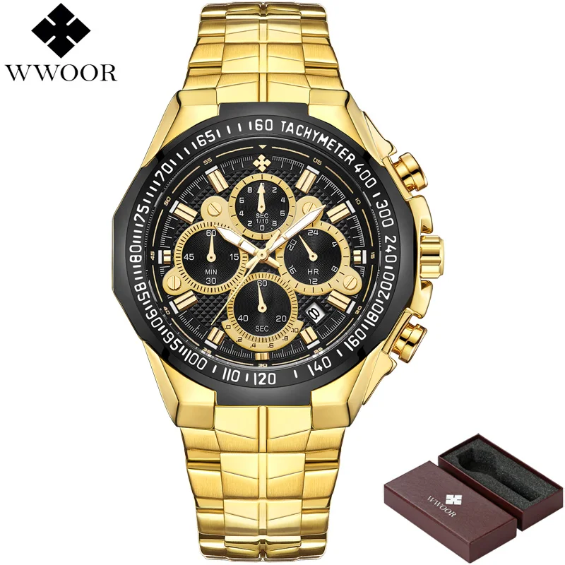 gold black WWOOR Роскошные брендовые Для мужчин s часы хронограф кварцевые часы Для мужчин большой циферблат часов Водонепроницаемый Повседневное Бизнес наручные часы Человек синий - Цвет: gold black
