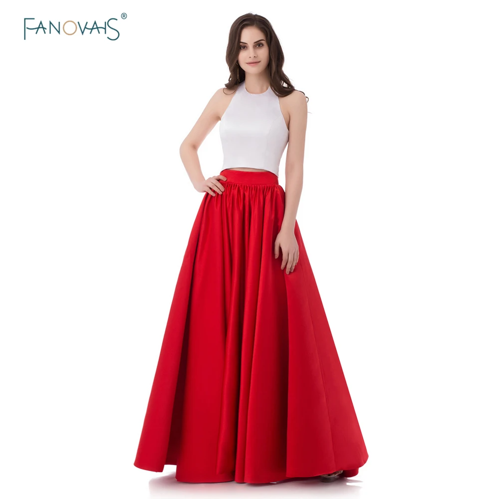 

Sexy Halter Two Pieces White and Red Evening Dresses Long A-Line Satin Prom Party Gown Vestidos De Fiesta 2019 EV12
