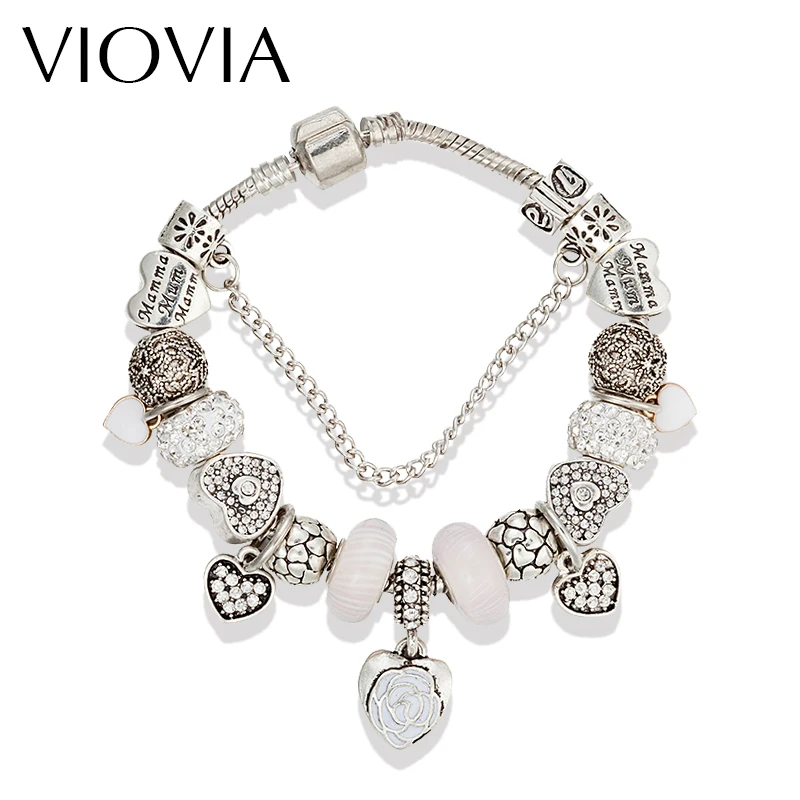 Женский браслет с бусинами и шармами в европейском стиле белыми цветами сердцем