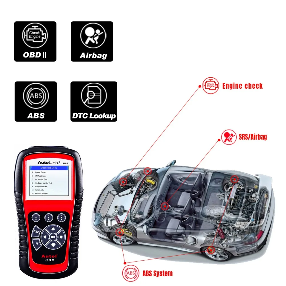 Autel AL619 OBD2 сканер автомобильный диагностический инструмент сканер считыватель кодов ABS/SRS сканирующий инструмент, выключает светильник двигателя Automotriz сканер