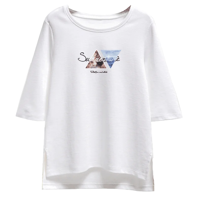 

Half-sleeved, round-necked Korean version split bamboo slub cotton white T-shirt women's thin style mid-sleeve the summer 2021