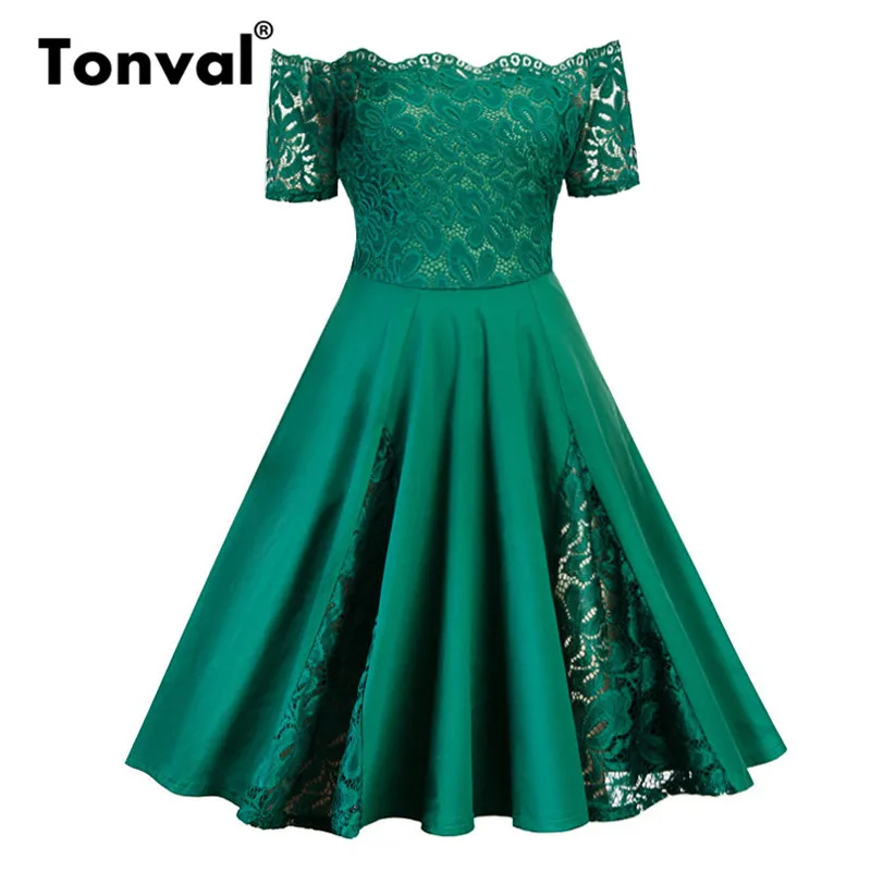 Зеленый Tonval 4XL 5XL размера плюс контрастное кружевное винтажное платье женские вечерние платья с открытыми плечами роковой Элегантный Большой размер сексуальные платья - Цвет: Зеленый