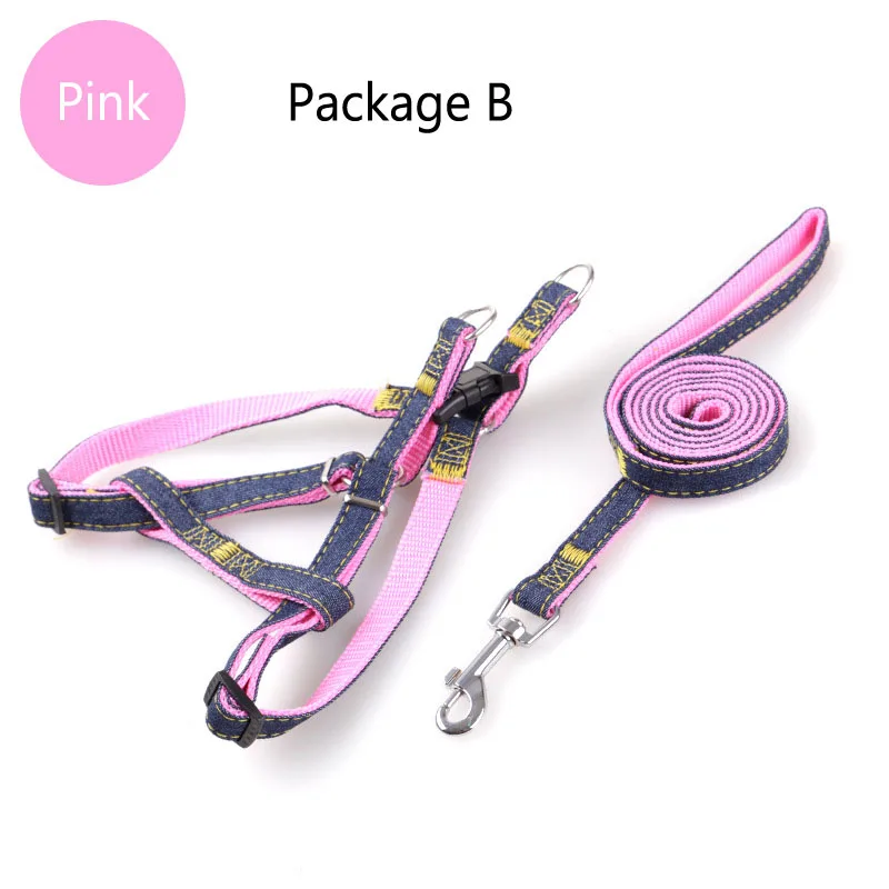 Package B Pink Ремни для домашних животных джинсовый ошейник нагрудный ремень набор веревок для занятий спортом на открытом воздухе, безопасность поводок для маленьких и крупных собак кошка s m l xl тканевые цепи для собак - Цвет: Package B Pink