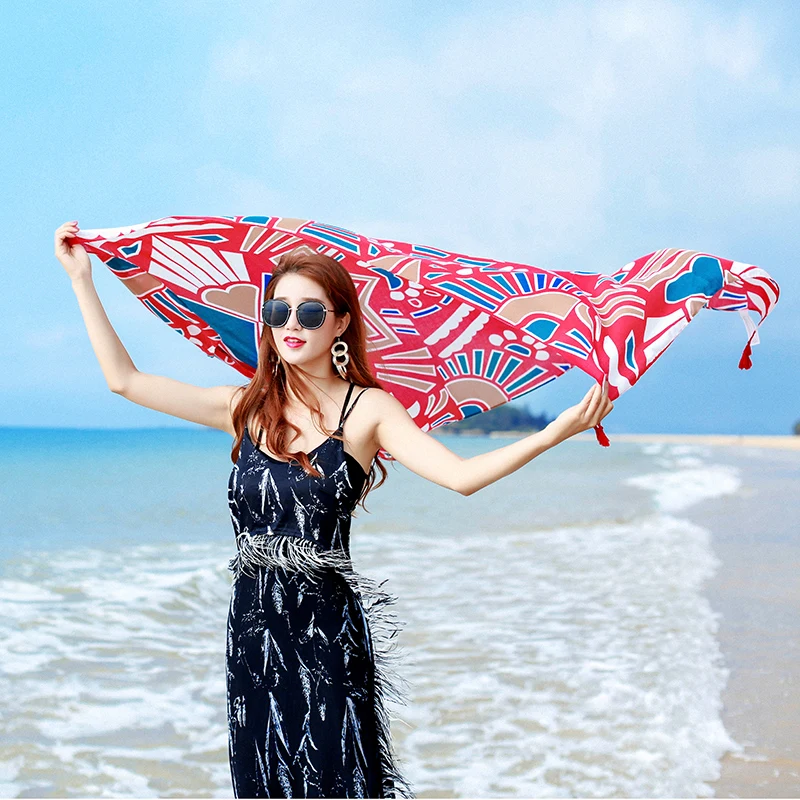 

Women Silk Scarf Summer New Travel Sunscreen Shawl Ethnic Wind Multi-purpose Anti-ultraviolet High Quality Beach Towel H3060