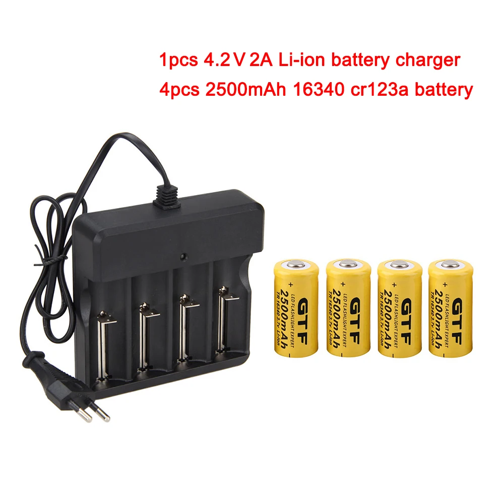 4 шт 3,7 V 2500mah 16340 аккумулятор CR123A литий-ионные аккумуляторы+ 1 шт EU/US 4,2 V 2A литий-ионный аккумулятор зарядное устройство AC100-240V