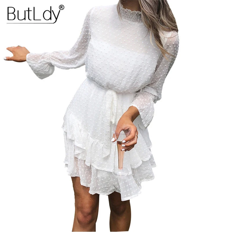 В горошек сетки See Through короткое платье для женщин рюшами с длинным рукавом белый