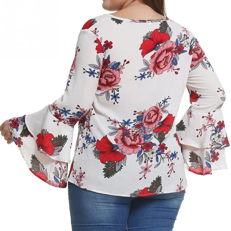 Плюс размер 4XL Модные женские цветочные печати длинный рукав клеш шифоновое