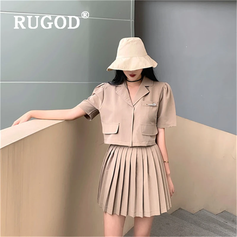 Женский костюм с юбкой RUGOD элегантный однотонный топ отложным воротником и