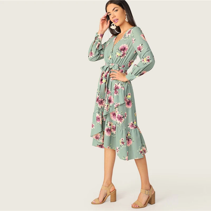 SHEIN Асимметричное Платье С Глубоким Вырезом И Длинным Рукавом Летнее Винтажное Платье С Цветочным Принтом
