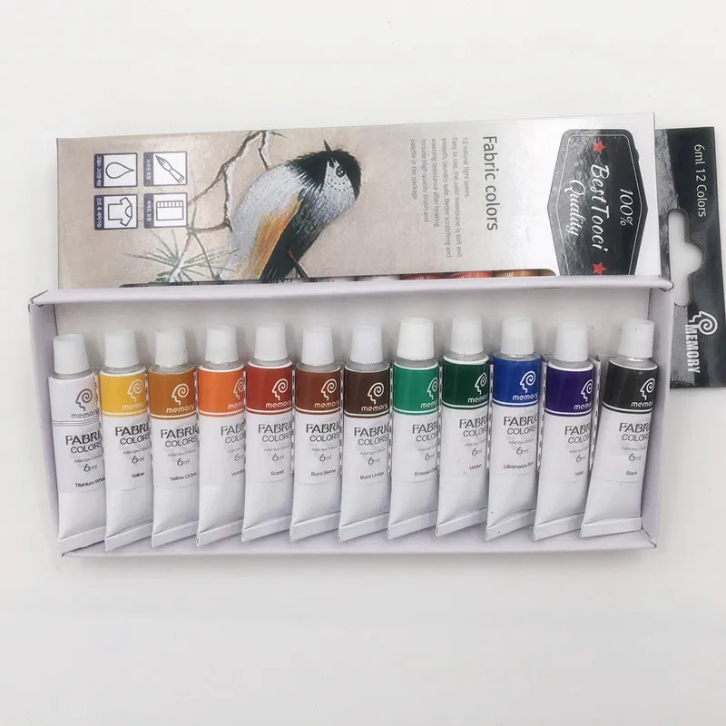 Профессиональный набор нетоксичных краски для текстильной ткани 12 цветов 6